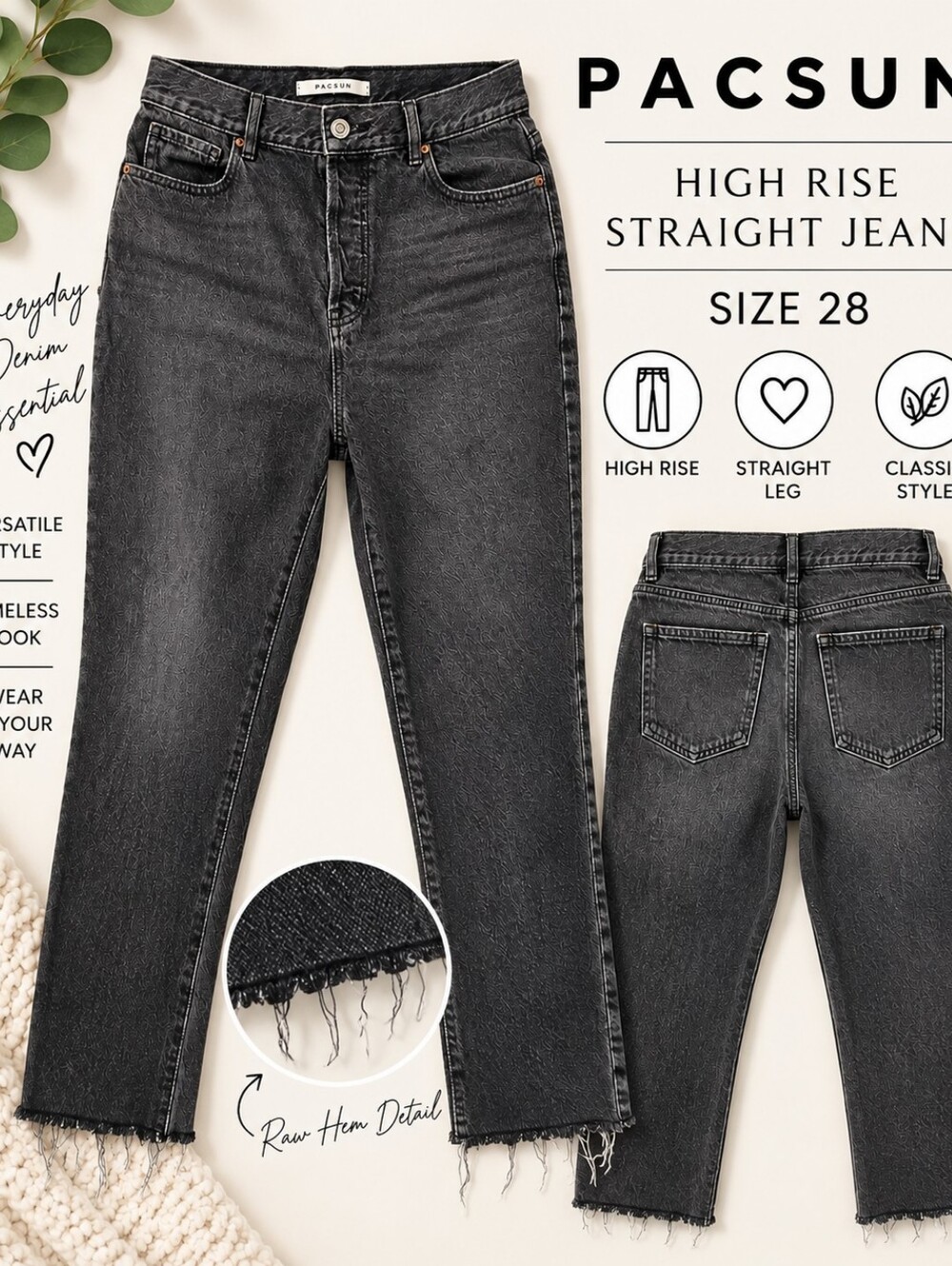 PacSun High Rise Straight Jeans Washed Black Raw Hem Size 28